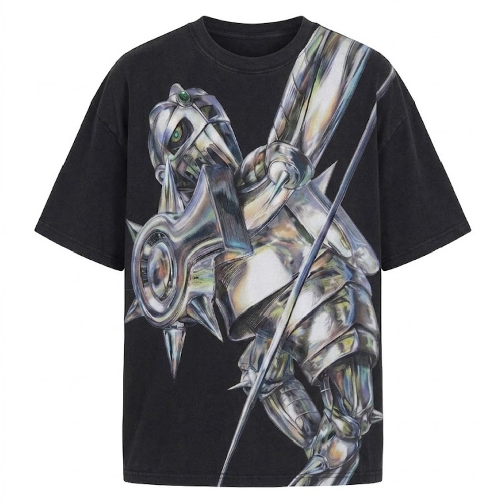 Black Short Sleeve Graphic Tee with Metallic Robot Print